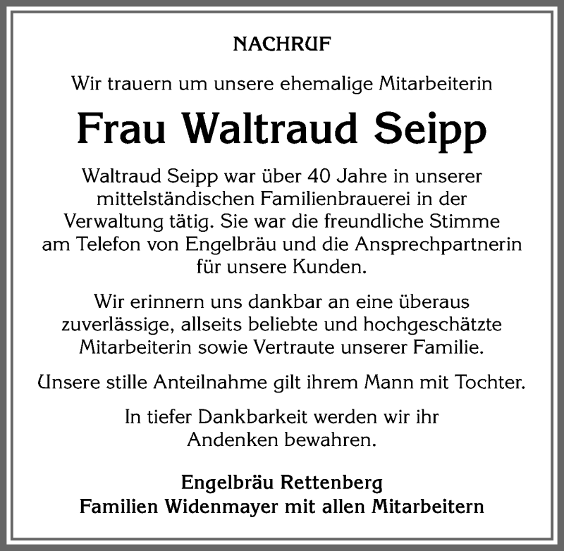 Traueranzeige von Waltraud Seipp von Allgäuer Anzeigeblatt