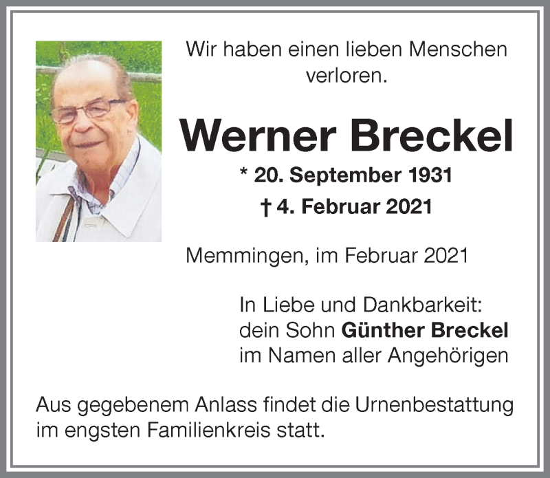 Traueranzeige von Werner Breckel von Memminger Zeitung