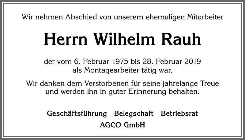 Traueranzeige von Wilhelm Rauh von Allgäuer Zeitung, Marktoberdorf