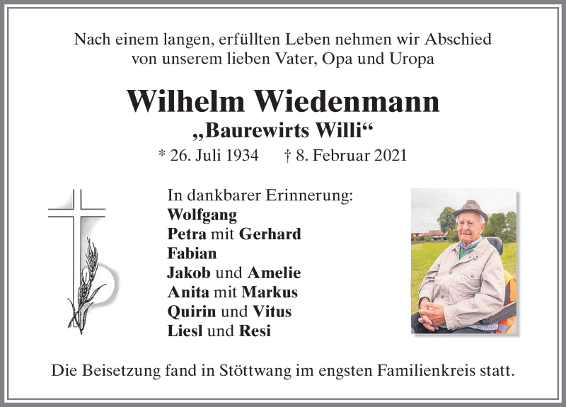 Traueranzeige von Wilhelm Wiedenmann von Allgäuer Zeitung, Kaufbeuren/Buchloe