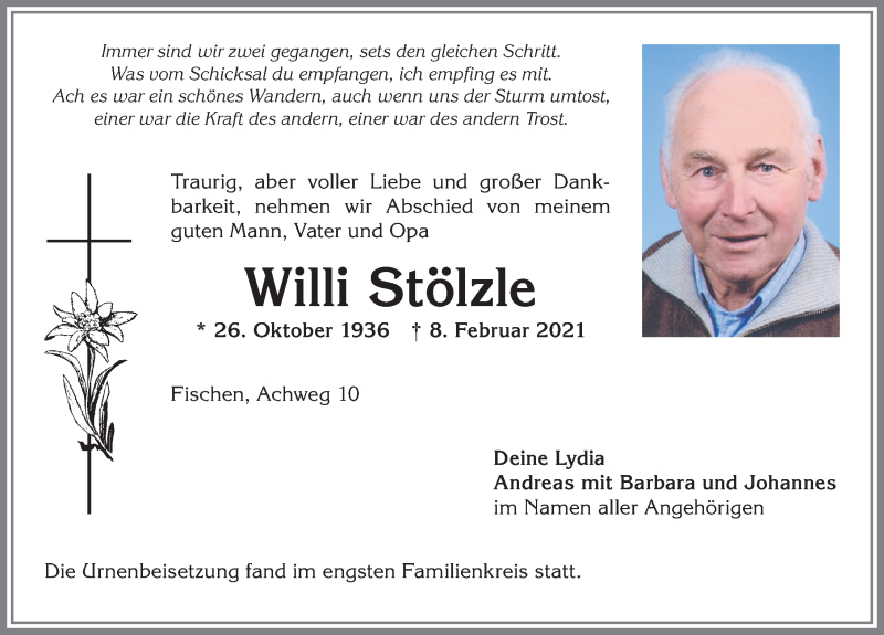 Traueranzeige von Willi Stölzle von Allgäuer Anzeigeblatt