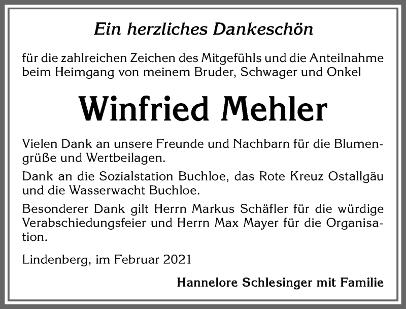 Traueranzeige von Winfried Mehler von Allgäuer Zeitung, Kaufbeuren/Buchloe