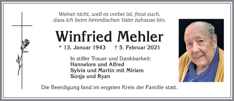 Traueranzeige von Winfried Mehler von Allgäuer Zeitung, Kaufbeuren/Buchloe