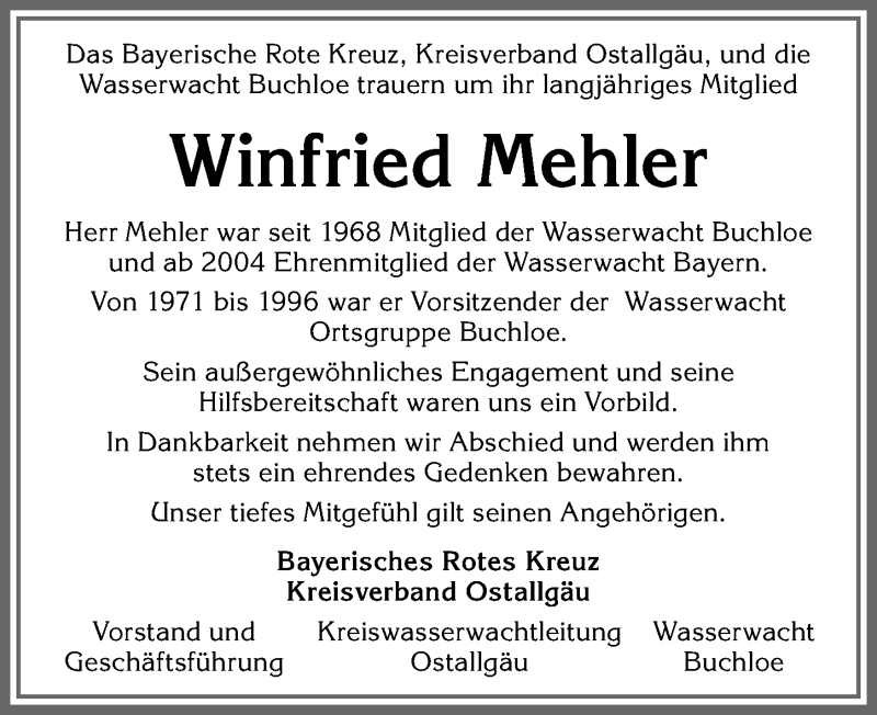 Traueranzeige von Winfried Mehler von Allgäuer Zeitung, Kaufbeuren/Buchloe