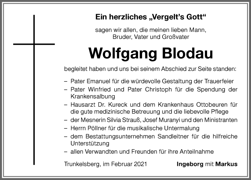 Traueranzeige von Wolfgang Blodau von Memminger Zeitung