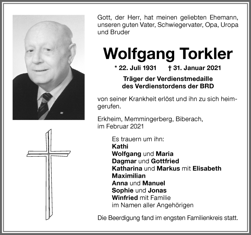 Traueranzeige von Wolfgang Torkler von Memminger Zeitung