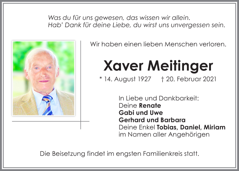 Traueranzeige von Xaver Meitinger von Allgäuer Zeitung, Kaufbeuren/Buchloe