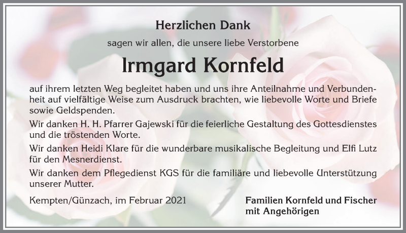 Traueranzeige von lrmgard Kornfeld von Allgäuer Zeitung,Kempten