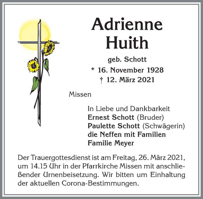 Traueranzeige von Adrienne Huith von Allgäuer Anzeigeblatt