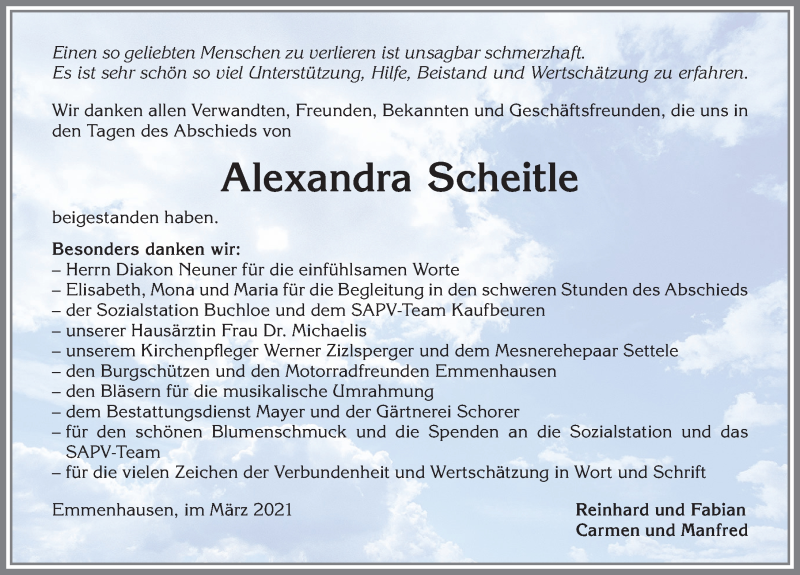 Traueranzeige von Alexandra Scheitle von Allgäuer Zeitung, Kaufbeuren/Buchloe