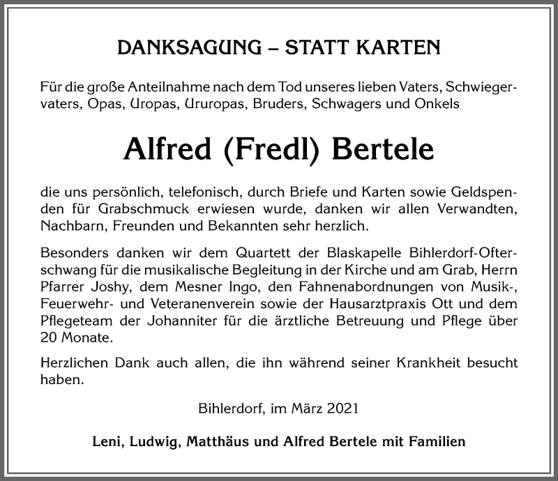 Traueranzeige von Alfred Bertele von Allgäuer Anzeigeblatt