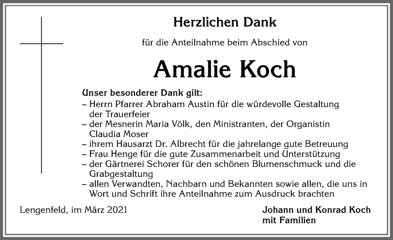 Traueranzeige von Amalie Koch von Allgäuer Zeitung, Kaufbeuren/Buchloe