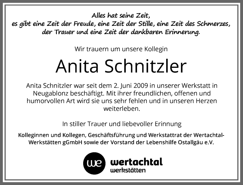 Traueranzeige von Anita Schnitzler von Allgäuer Zeitung, Kaufbeuren/Buchloe