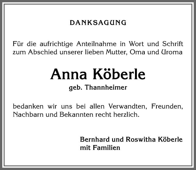 Traueranzeige von Anna Köberle von Allgäuer Anzeigeblatt