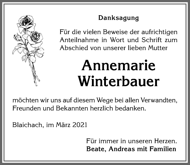 Traueranzeige von Annemarie Winterbauer von Allgäuer Anzeigeblatt