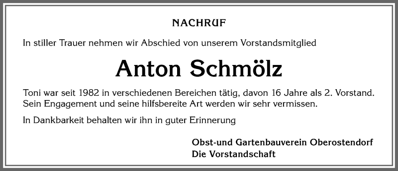 Traueranzeige von Anton Schmölz von Allgäuer Zeitung, Kaufbeuren/Buchloe