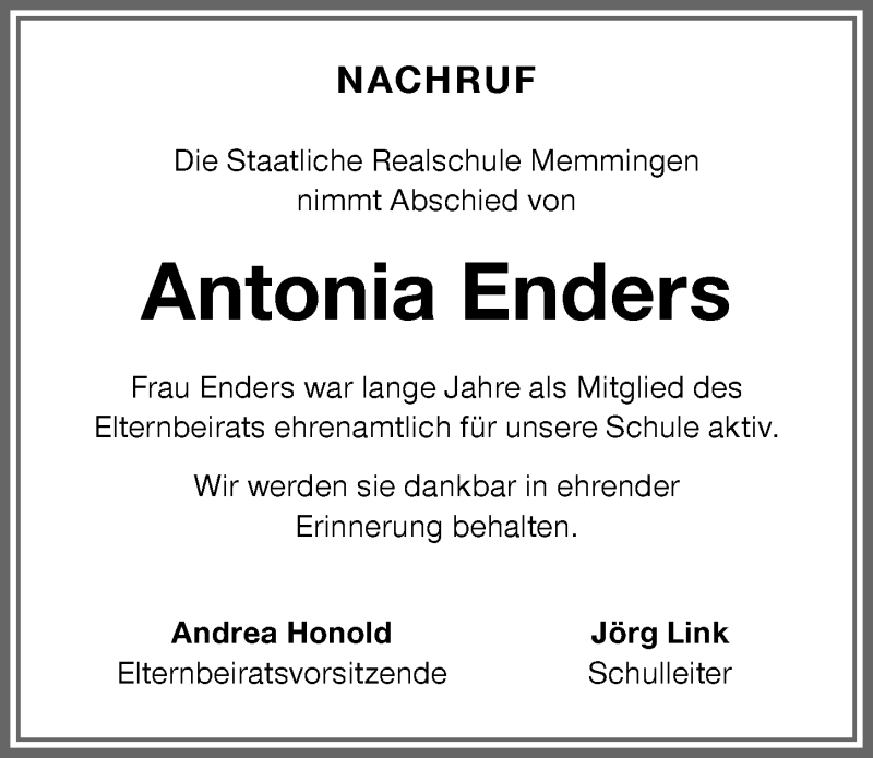 Traueranzeige von Antonia Enders von Memminger Zeitung