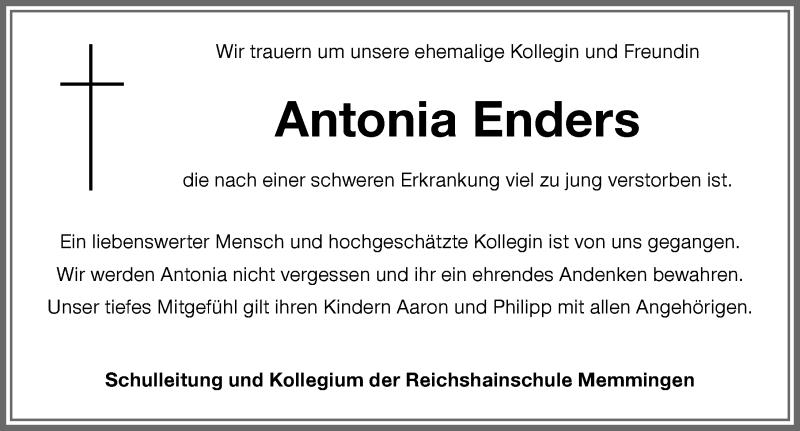 Traueranzeige von Antonia Enders von Memminger Zeitung