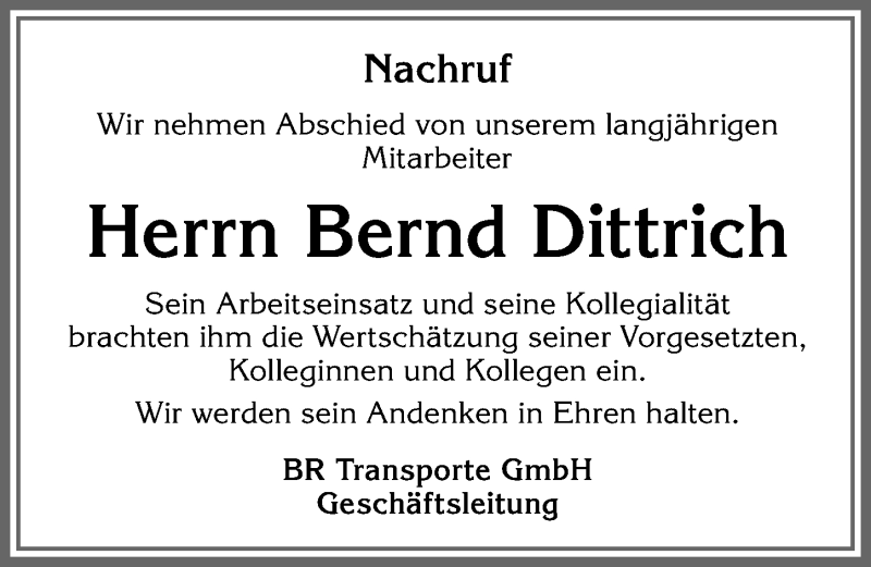 Traueranzeige von Bernd Dittrich von Allgäuer Zeitung,Kempten