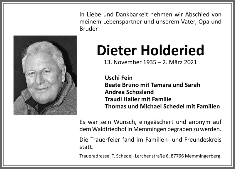 Traueranzeige von Dieter Holderied von Memminger Zeitung
