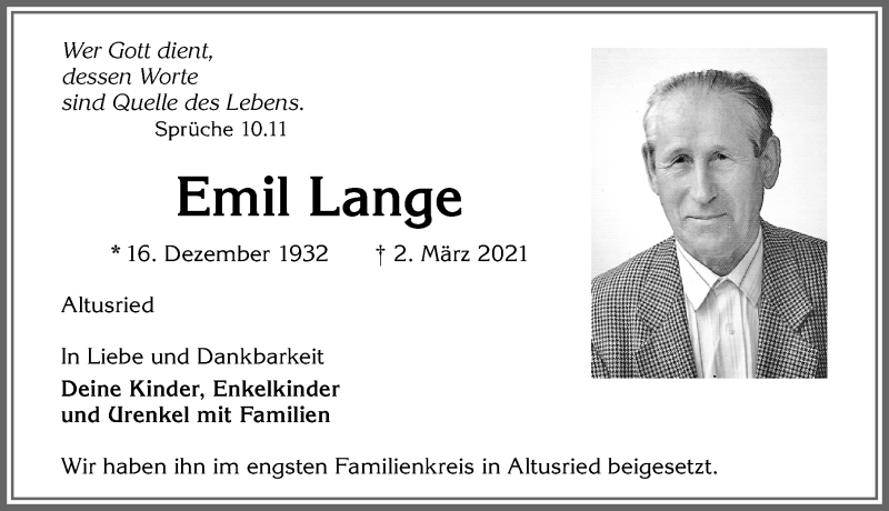 Traueranzeige von Emil Lange von Allgäuer Zeitung,Kempten