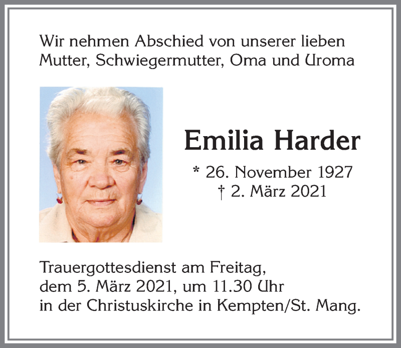 Traueranzeige von Emilia Harder von Allgäuer Zeitung,Kempten