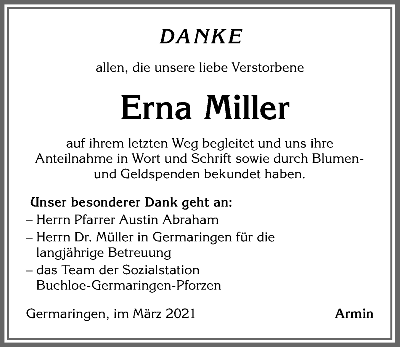 Traueranzeige von Erna Miller von Allgäuer Zeitung, Kaufbeuren/Buchloe