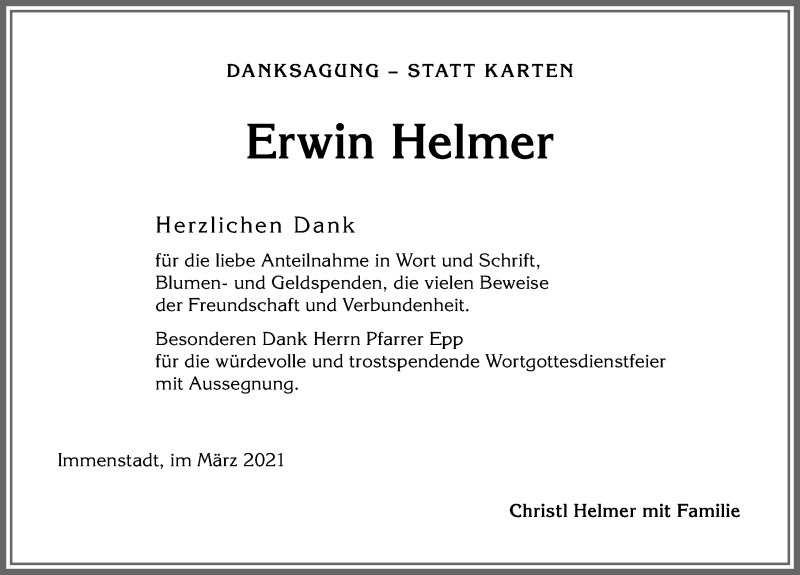 Traueranzeige von Erwin Helmer von Allgäuer Anzeigeblatt