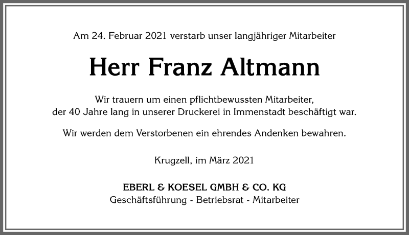 Traueranzeige von Franz Altmann von Allgäuer Anzeigeblatt