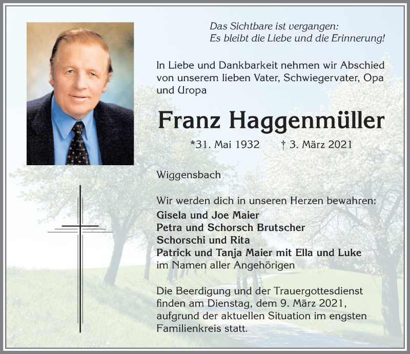 Traueranzeige von Franz Haggenmüller von Allgäuer Zeitung,Kempten