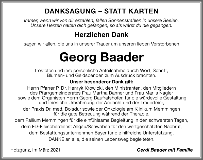 Traueranzeige von Georg Baader von Memminger Zeitung