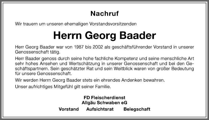 Traueranzeige von Georg Baader von Memminger Zeitung