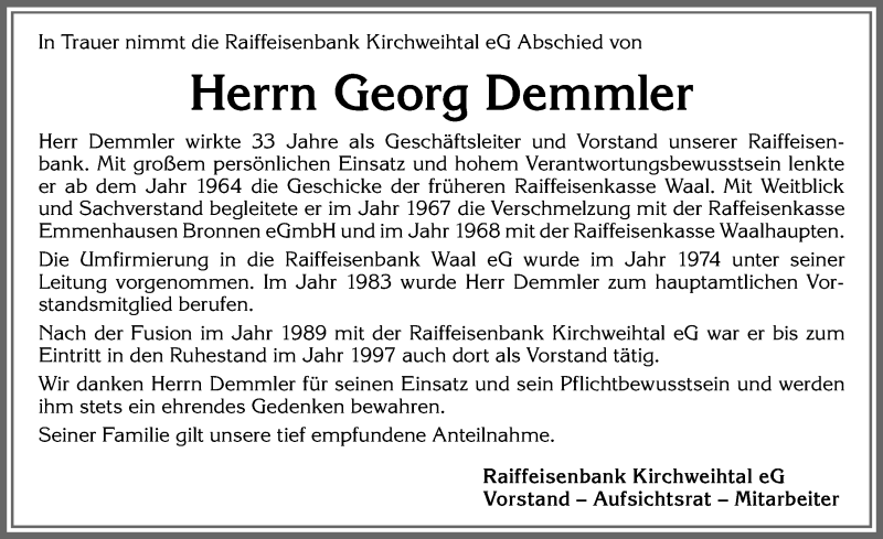Traueranzeige von Georg Demmler von Allgäuer Zeitung, Kaufbeuren/Buchloe