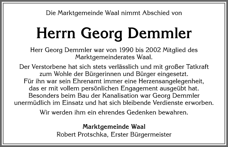 Traueranzeige von Georg Demmler von Allgäuer Zeitung, Kaufbeuren/Buchloe