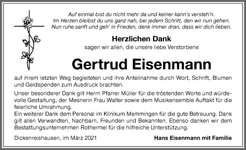 Traueranzeige von Gertrud Eisenmann von Memminger Zeitung