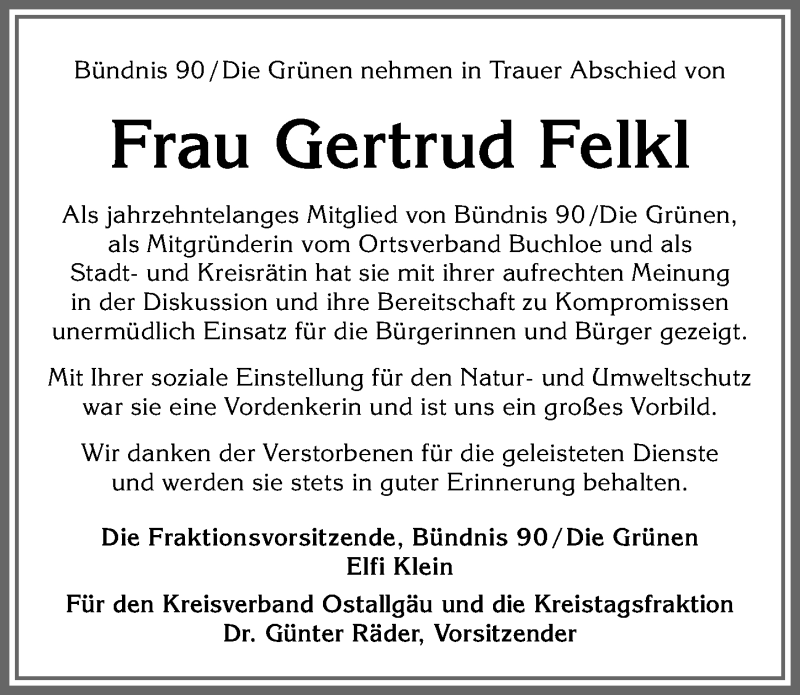 Traueranzeige von Gertrud Felkl von Allgäuer Zeitung, Kaufbeuren/Buchloe