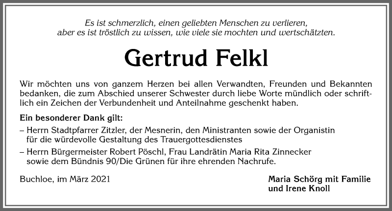 Traueranzeige von Gertrud Felkl von Allgäuer Zeitung, Kaufbeuren/Buchloe