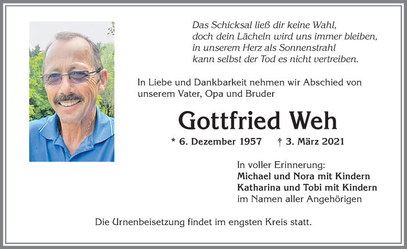 Traueranzeige von Gottfried Weh von Allgäuer Zeitung,Kempten