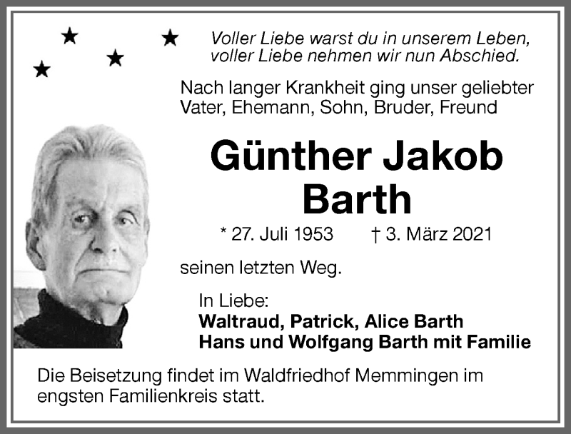 Traueranzeige von Günther Jakob Barth von Memminger Zeitung