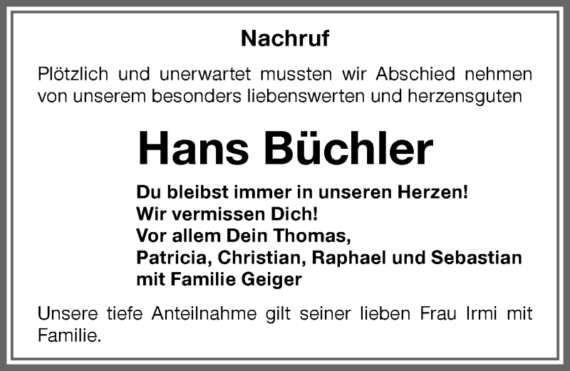 Traueranzeige von Hans Büchler von Memminger Zeitung