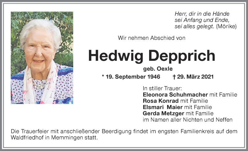 Traueranzeige von Hedwig Depprich von Memminger Zeitung
