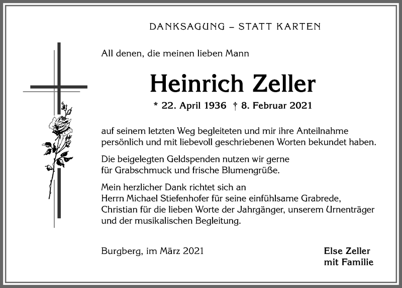 Traueranzeige von Heinrich Zeller von Allgäuer Anzeigeblatt