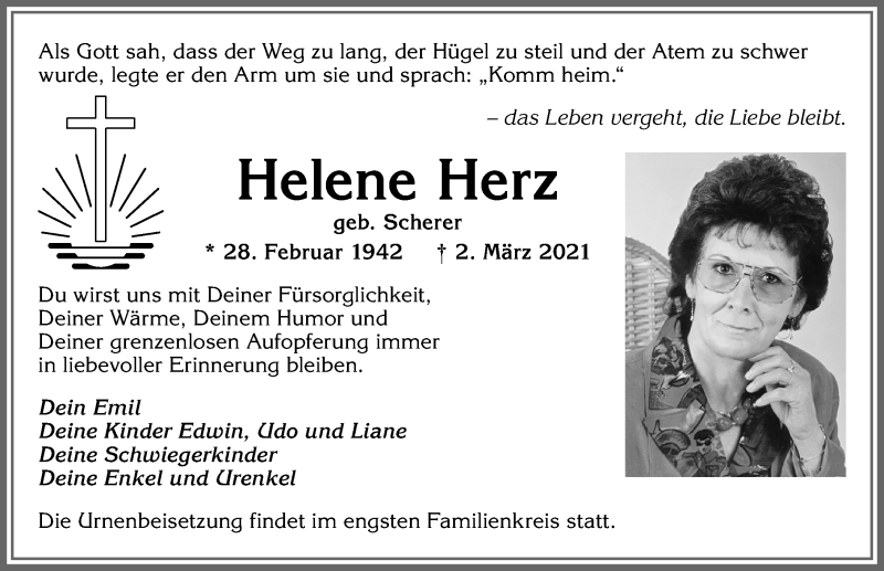 Traueranzeige von Helene Herz von Allgäuer Zeitung, Kaufbeuren/Buchloe