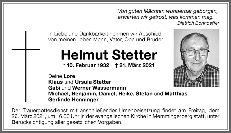 Traueranzeige von Helmut Stetter von Memminger Zeitung