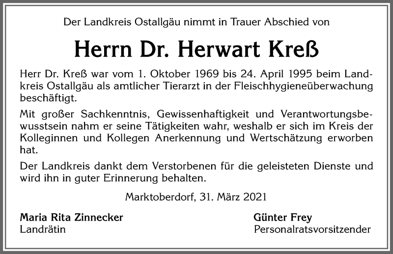 Traueranzeige von Herwart Kreß von Allgäuer Zeitung, Marktoberdorf