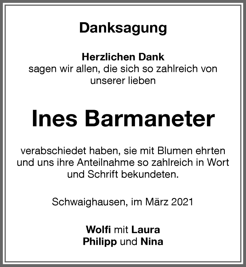 Traueranzeige von Ines Barmaneter von Memminger Zeitung