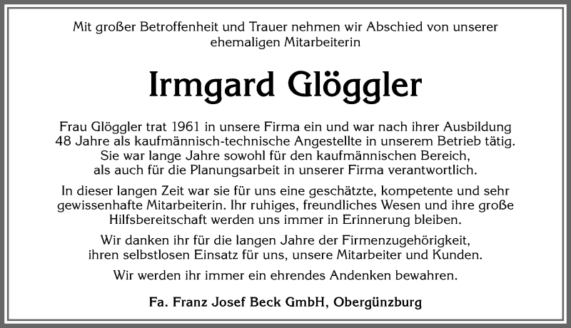 Traueranzeige von Irmgard Glöggler von Allgäuer Zeitung, Marktoberdorf