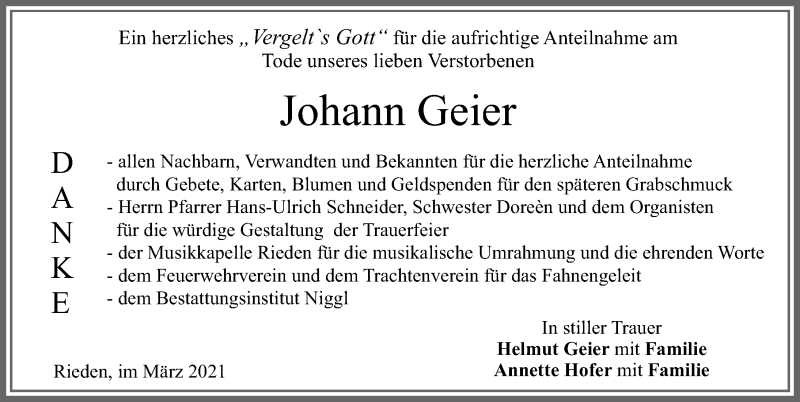 Traueranzeige von Johann Geier von Allgäuer Zeitung, Füssen