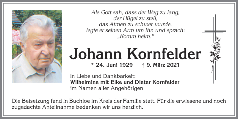 Traueranzeige von Johann Kornfelder von Allgäuer Zeitung, Kaufbeuren/Buchloe