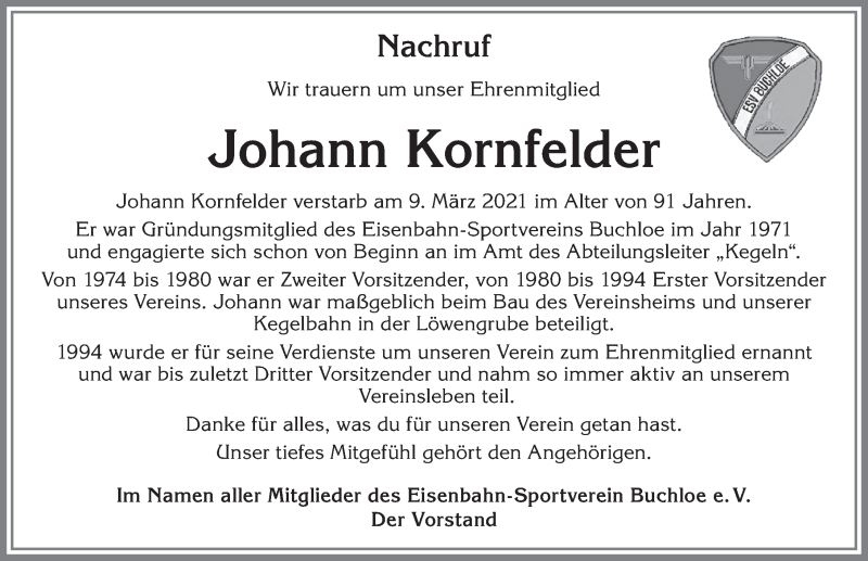 Traueranzeige von Johann Kornfelder von Allgäuer Zeitung, Kaufbeuren/Buchloe